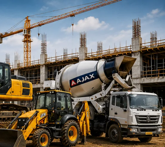 Tipper truck, concrete mixer and backhoe loader working at a multi-storey site