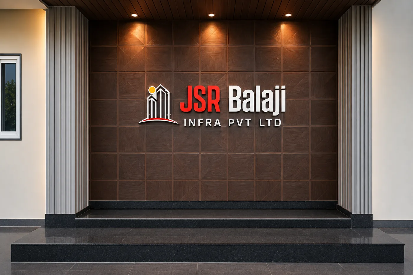 JSR Balaji Infra Pvt Ltd signage in the reception of the Atchutapuram office, Visakhapatnam