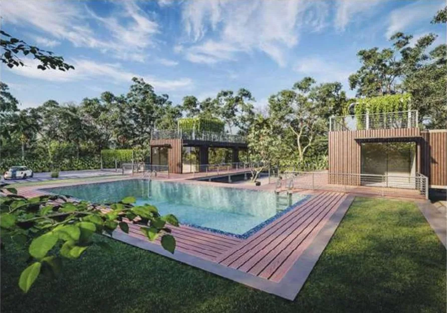 Swimming pool and timber deck at The Lake House resort