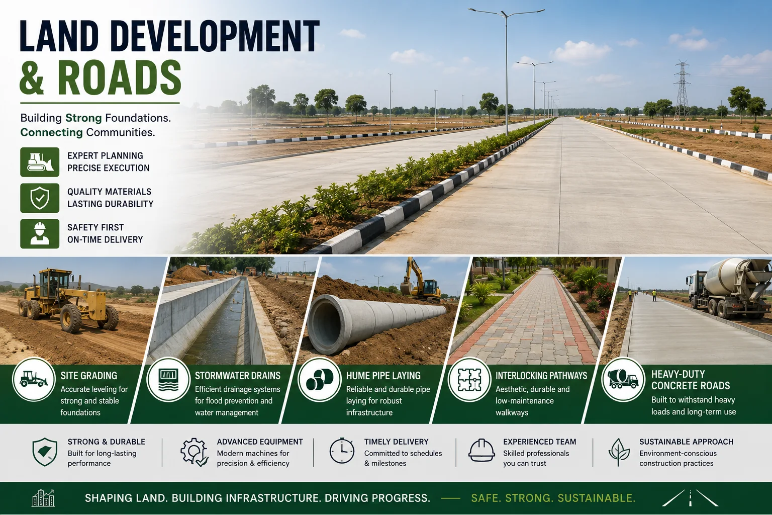 Newly completed concrete access road with kerbs and street lighting