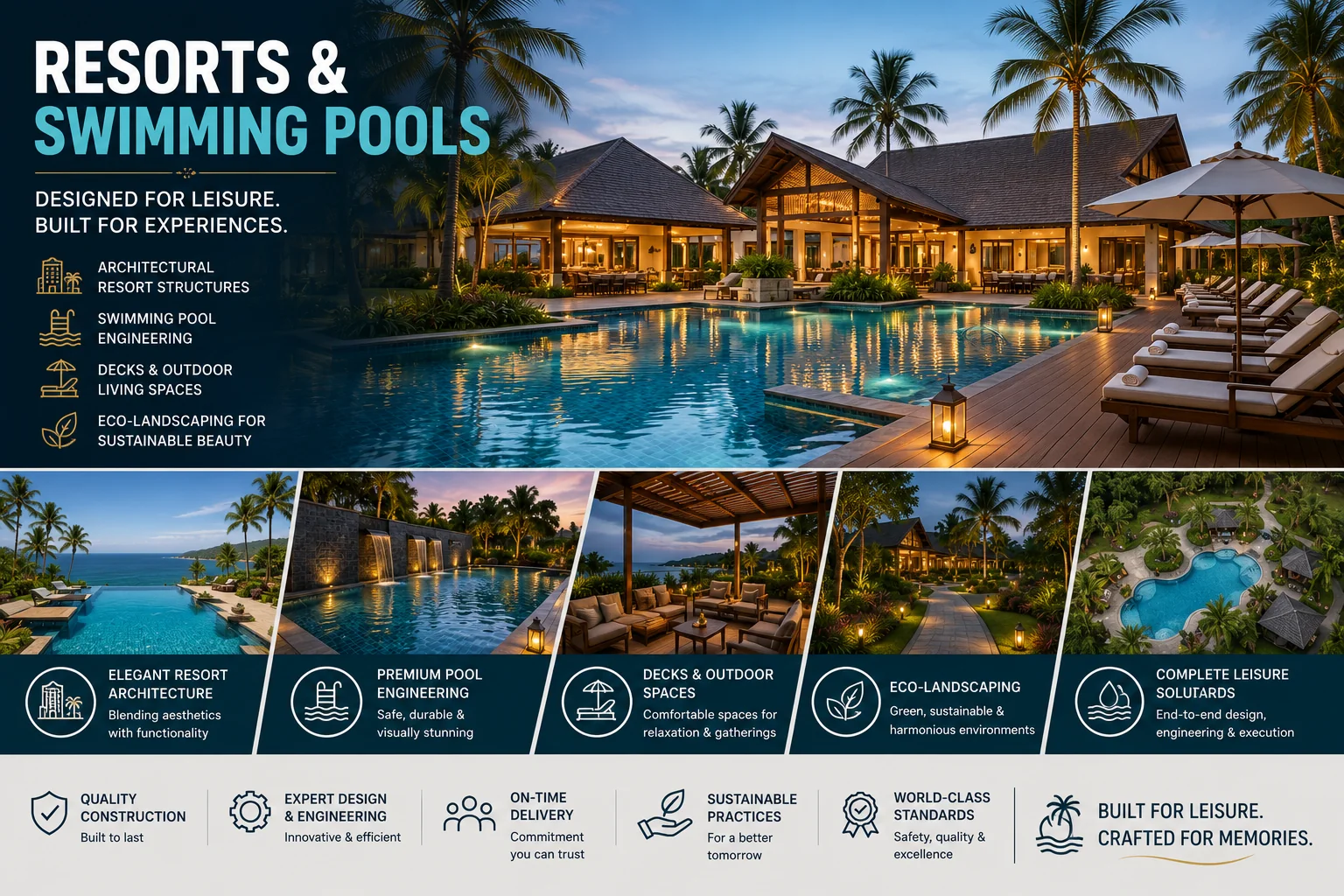 Resort swimming pool with timber deck and landscaped surroundings at dusk
