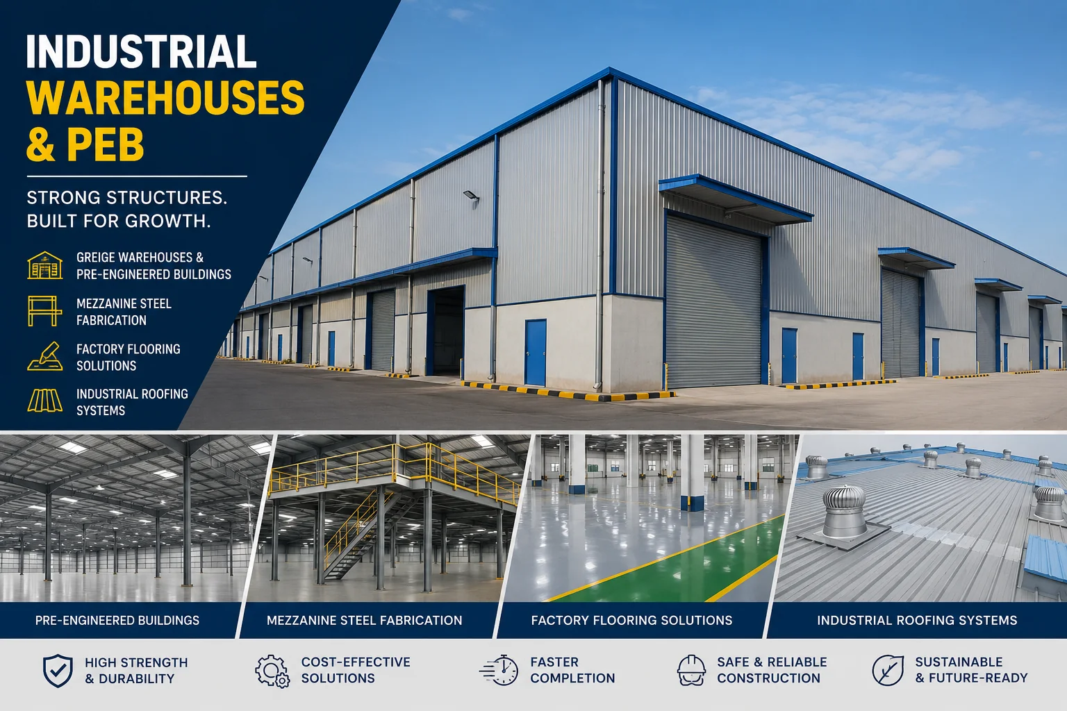 Completed pre-engineered industrial warehouse building with roller shutter loading bays