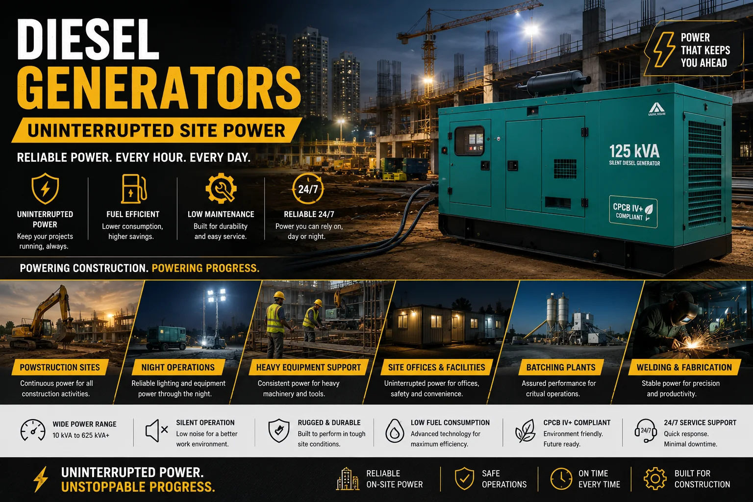 Silent diesel generator set powering an active construction site at night