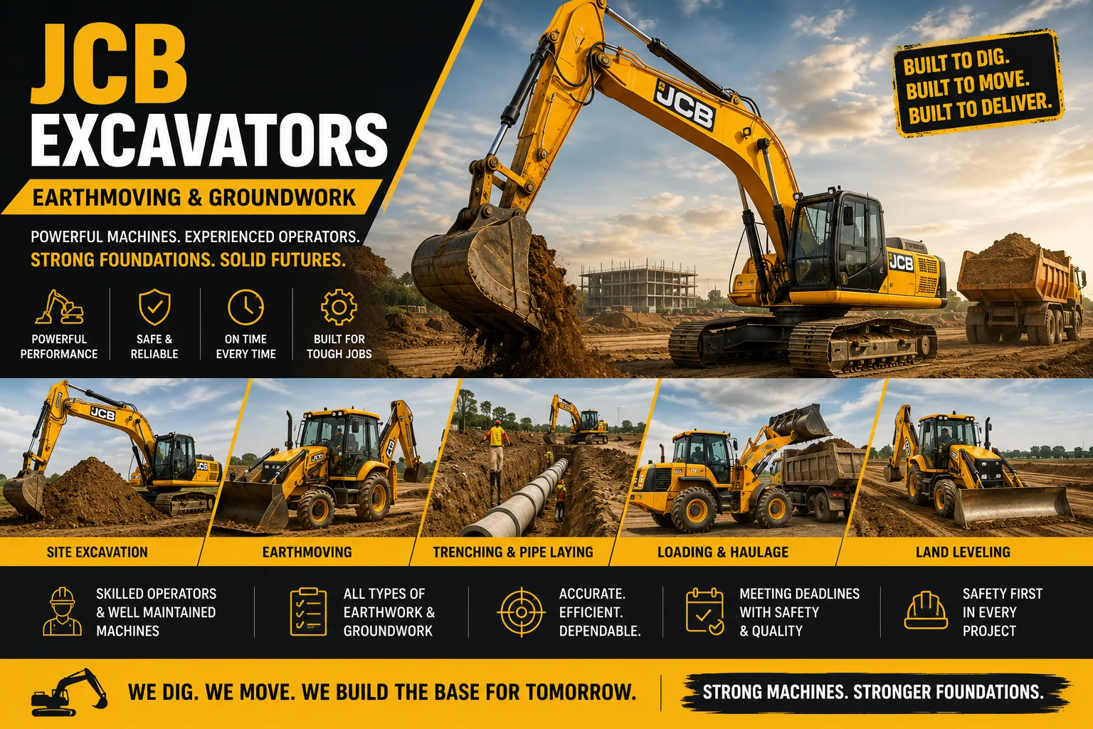 Tracked JCB excavator loading spoil at an active construction site