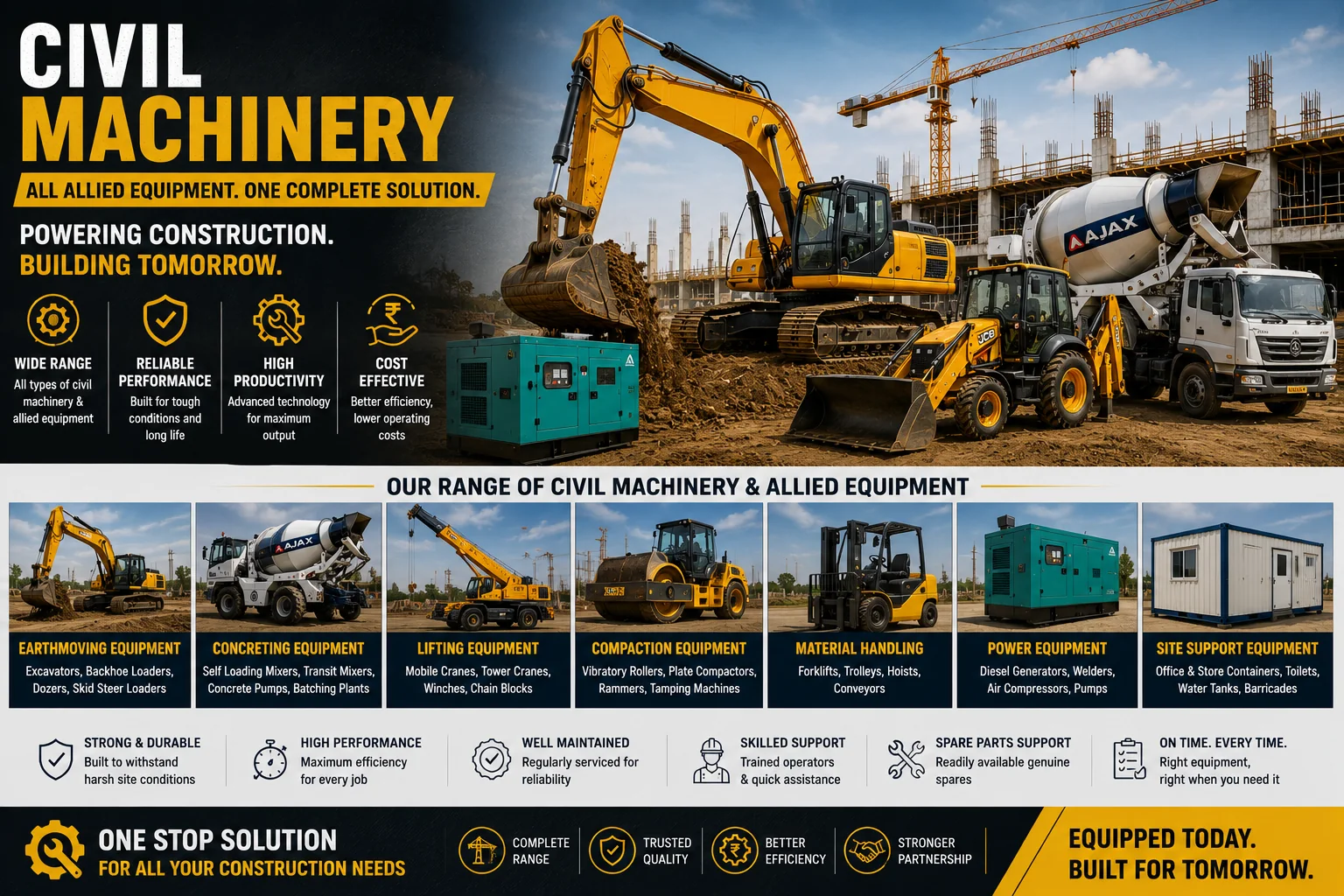 Excavator, backhoe loader and concrete mixer working together on a site