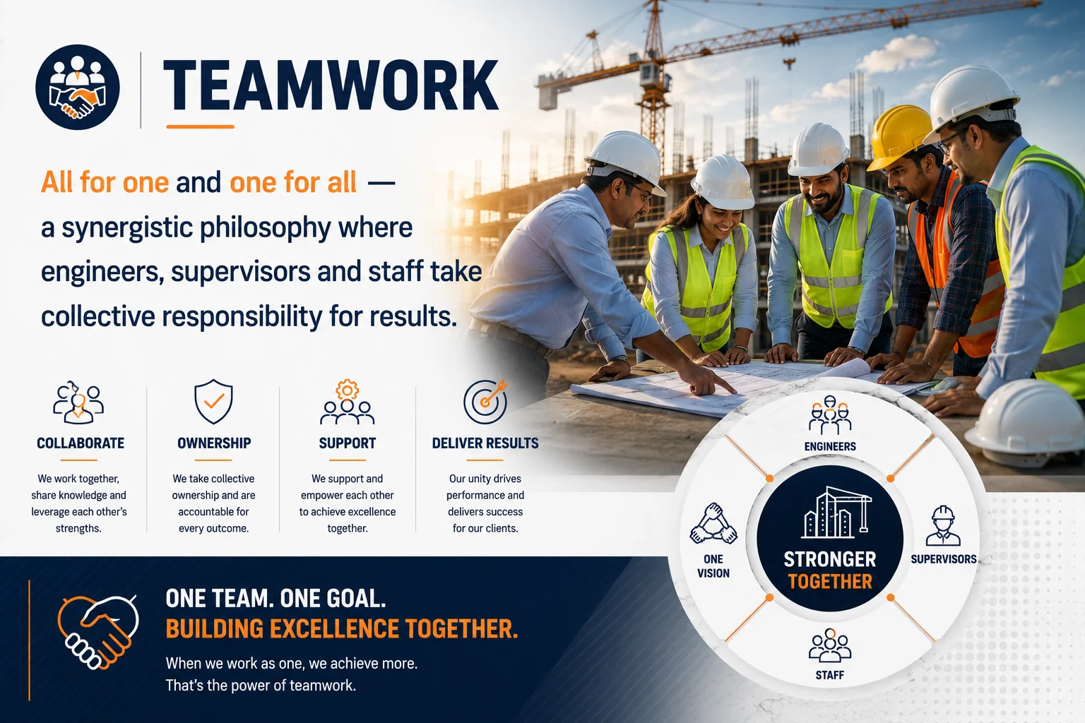 Project team of engineers and supervisors reviewing drawings together on site