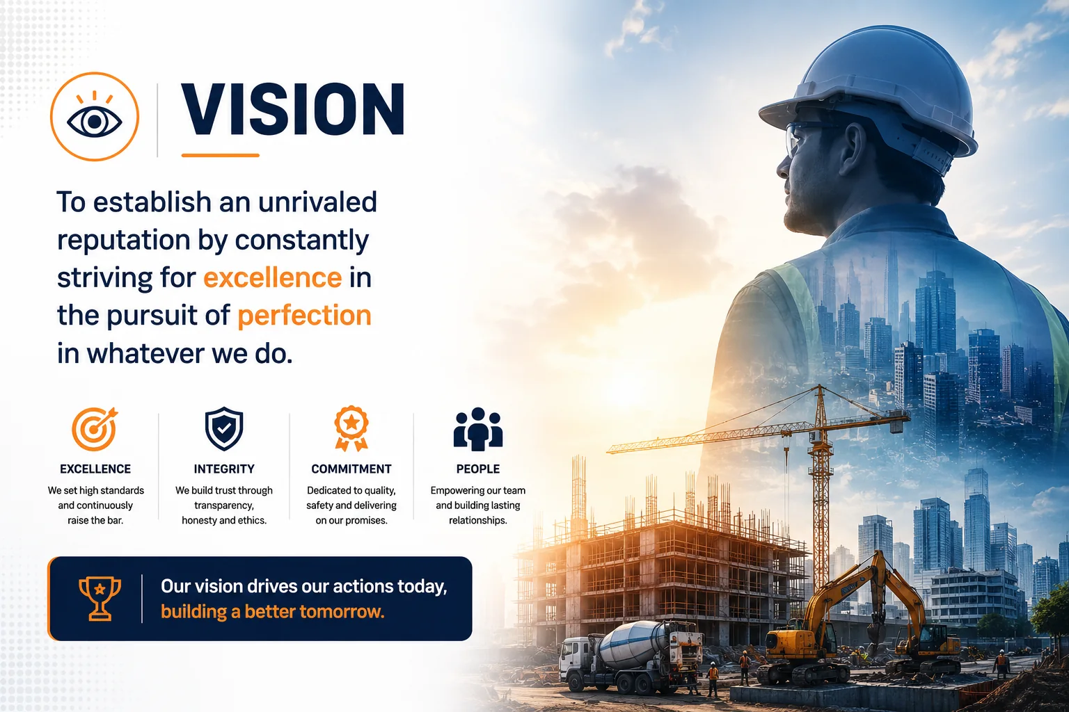 Site engineer in a hard hat looking out over a growing city skyline